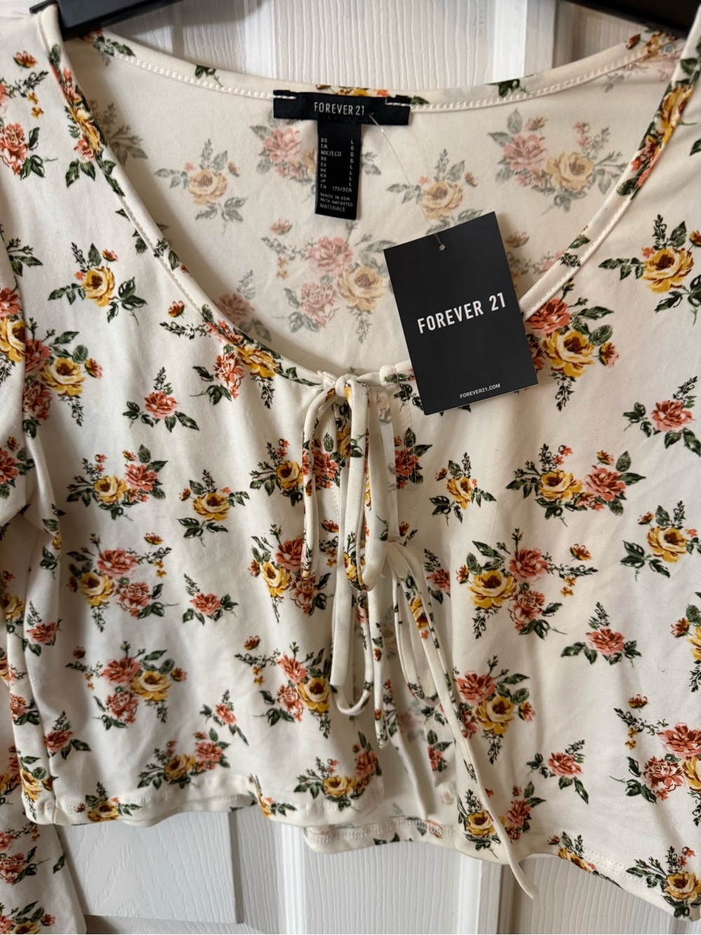Forever 21 Cream Floral Lace-Up Long Sleeve Top - Picture 2 of 5